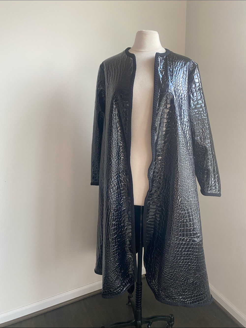 Custom Black Faux-Croc Long Coat Jacket Womens Sz Medium